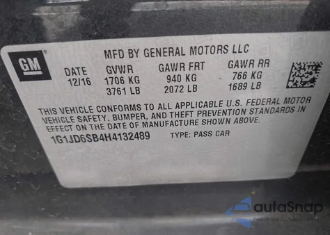 2017 Chevrolet Sonic Lt Auto from USA, damaged, VIN 1G1JD6SB4H4132489